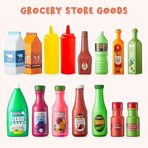 JOYIN 30Pcs Play Food Grocery Cans, Play Kitchen Accessories, Includes Drink, Juice, Jar, Seasoning, Water Bottle, Sauce, Yogurt, Ice Cream, Snack Box, Kids Gifts & Indoor Toys thumbnail 4