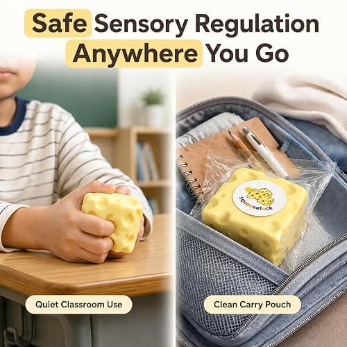 Squeezeluck Cheese Squishy Toy - Slow-Rising Fidget Toys for Stress Relief & Sensory Calming, Soft Foam Bread and Butter Cube Squeezy Balls for Desks & Classrooms, Perfect Palm Size (2.5" Yellow) thumbnail 7