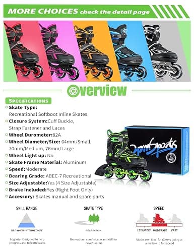 2PM SPORTS Torinx Green Boys Adjustable Inline Skates, Fun Beginner Roller Skates for Kids, Youth, Girls, Men and Women thumbnail 6