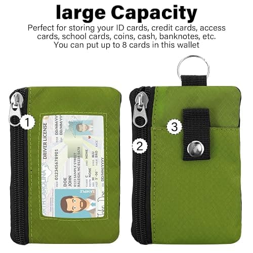 ZHOMA Minimalist RFID Wallet with Lanyard, Multi-functional ID Case with 2 Zipper Pockets and Key Chain for Men and Women, Tactical Badge Pouch Cards Holder, Coin Purse for Travel Sports - Grass Green thumbnail 6