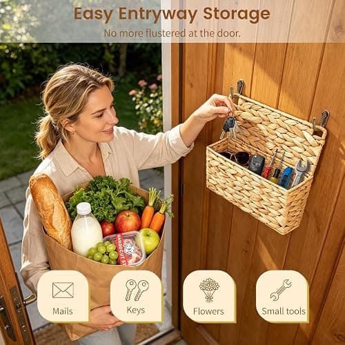 SummitGo 2PCS Woven Mail Holder Wall Mount Basket – Water Hyacinth Magazine Holder Wall Basket, Wicker Mail Organizer Wall Mount for Office, Books, Files, Letters & Entryway Decor, Hooks Included thumbnail 6