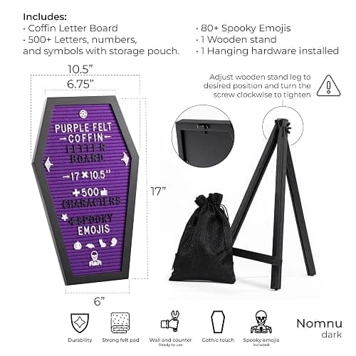 Nomnu Coffin Letter Board, Purple Goth Decor w/Bat Stickers, Spooky Emojis | Wood and Felt board 17x10.5 inches +650 characters 80+ spooky seasonal emojis, sawtooth hanger. Tabletop Stand thumbnail 3