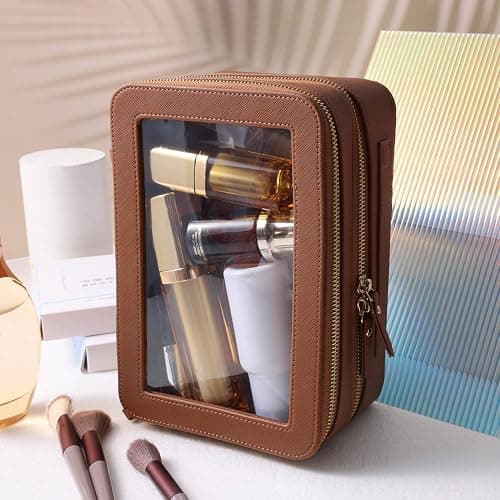 SANHECUN Clear Travel Toiletry bag Toiletry Case Carry on Travel Accessories Bag Makeup Bag Dimensions | LxWxH:9” x 6” x 4.2” (Brown, SHC-TL-2) thumbnail 5