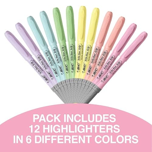 BIC Brite Liner Grip Pastel Highlighter Set, Chisel Tip, 12-Count Pack of Pastel Highlighters in Assorted Colors, Cute Highlighters for Bullet Journaling, Note Taking and More thumbnail 4