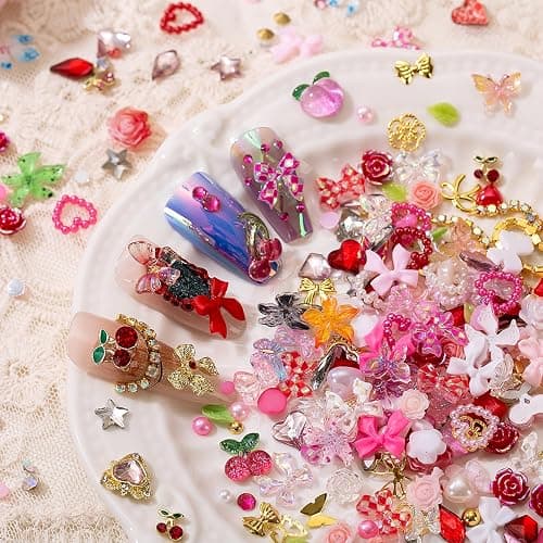 28 Grids Nail Charms Kit with Rhinestones for Nails, 3D Kawaii Bows, Cherry, Flowers, Butterfly. Red Pink Gold Nail Gems, Pearls & Metal Studs. DIY Manicure Art Supplies with Wax Pen & Tweezers thumbnail 2