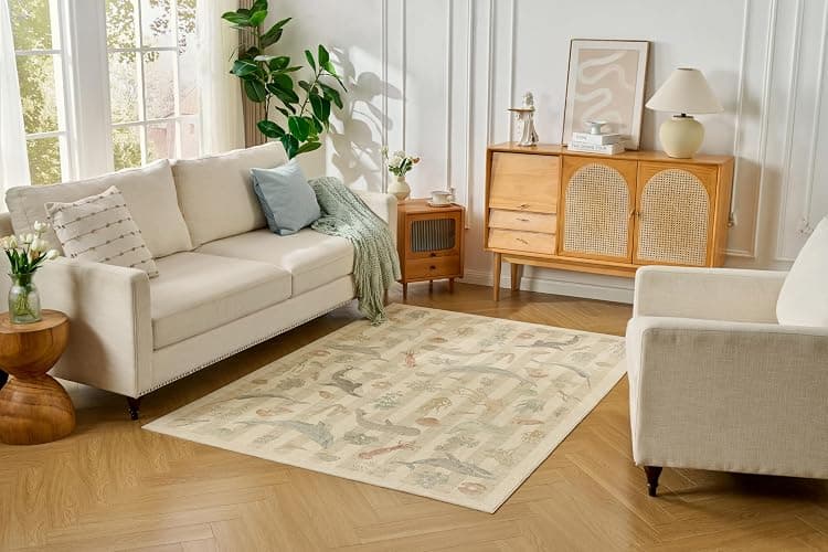 Weaverlane Whales Coastal Washable Nursery Rug Beige (Taupe, 5' x 7') | Soft Faux Wool Stain Resistant Rug Non-Slip Backing for Playroom Bathroom Living Room Bedside Beachy Cute Nautical Neutral thumbnail 4