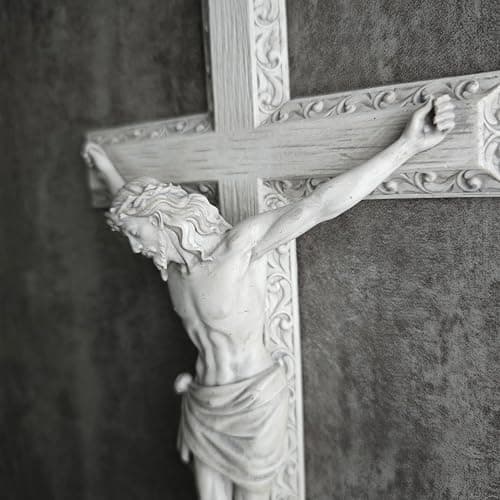 BC Catholic Crucifix Wall Cross, 12" H Jesus Christ Wall Decor for Elegant Modern Home, Devout Gift for Easter, Religious Gifts Home Decor, Grey White Stone Finish, Hand Painted by Buildclassic thumbnail 2