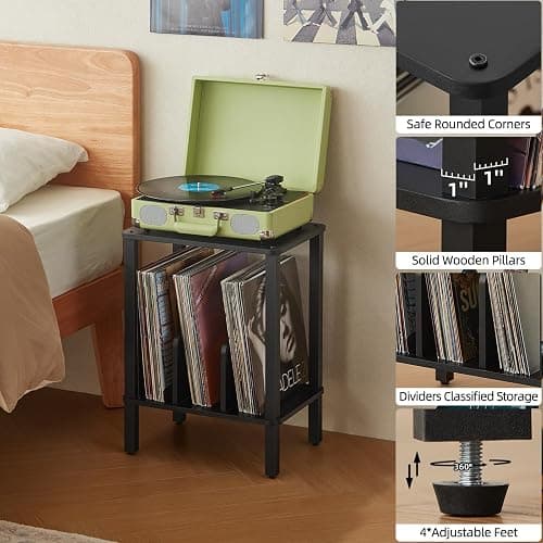 LELELINKY 2-Tier Record Player Stand with Vinyl Record Storage up to 100 Albums, Bedroom Record Holder and Multi-Functional End Table for Living Room, Black thumbnail 8