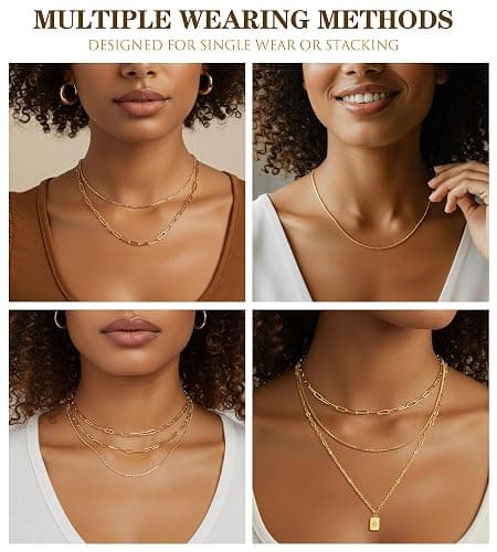 YEEZII Layered Gold Necklaces for Women Trendy, 3 Pcs 14K Gold Plated Choker Paperclip Box Chain Necklace, Stackable Women's Gold Pendant Necklaces Jewelry Set thumbnail 5