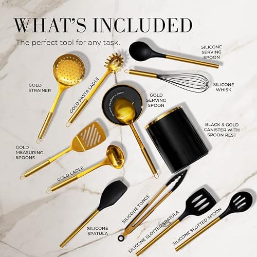 STYLED SETTINGS Black and Gold Cooking Utensils Set - 13-Piece Kitchen Set with Black Ceramic Utensil Holder and Stackable Gold Spoon Rest - Luxury Kitchen Accessories for Stylish Cooking and Serving thumbnail 2
