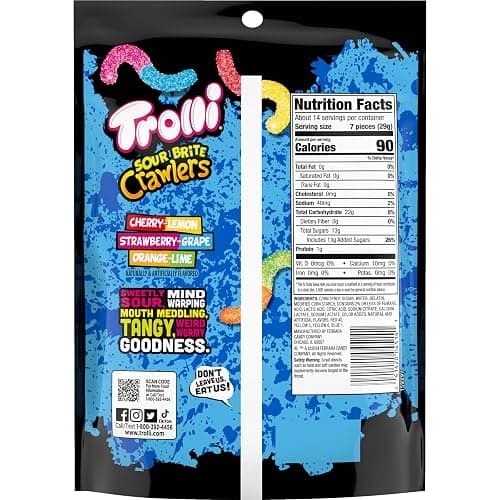 Trolli Sour Brite Crawlers, Candy, Cherry-Lemon, Strawberry-Grape & Orange-Lime, Sweet and Sour, Gummy Worms, 14 oz thumbnail 3