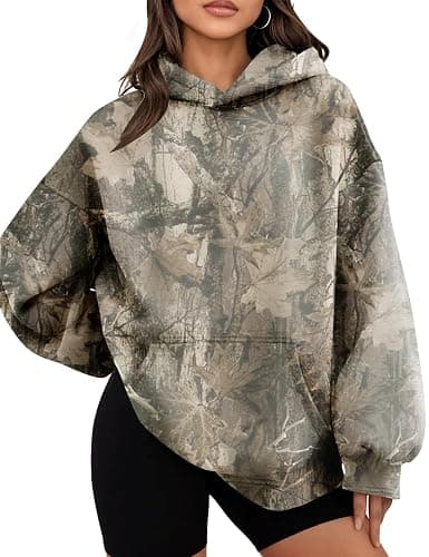 JEIBKOUY Womens Oversized Camo Hoodie Y2k Maple Leaf Print Fleece Hooded Pullover Sweatshirt Casual Long Sleeve Fall Outfits - Image 1