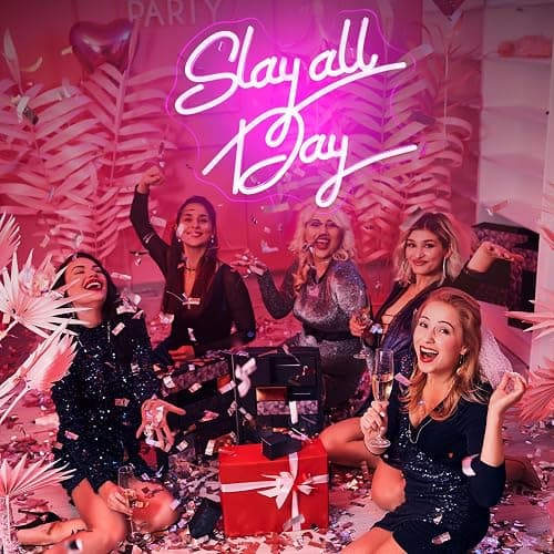 Teen Girl Gifts, Slay All Day Neon Sign Pink Aesthetic Slay LED Lights and USB Powered Bright Dimmable Funny Y2k Signs for Teenage Preppy Dorm Room Women Bedroom Downtown Coquette Room Wall Decors thumbnail 2