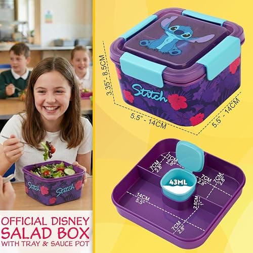 Disney Stitch Salad Container Bento Box for Kids, 70 Oz Portable Lunch Box, Leak Proof, BPA Free Multi Compartment Salad Bowl with Dressing Pot, Food Storage, Gifts For Girls (Multi Stitch) thumbnail 2