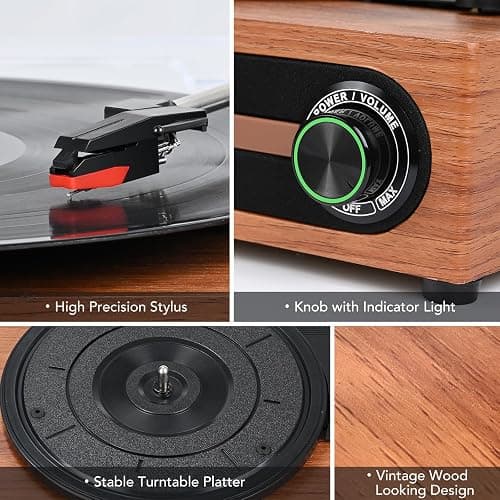 Record Player with Bulit-in Speaker Vintage Belt-Driven Turntable with Bluetooth Wireless Playback Support 3-Speed 33 1/3, 45, 78RPM AUX-in RCA Out Vinyl Players thumbnail 5