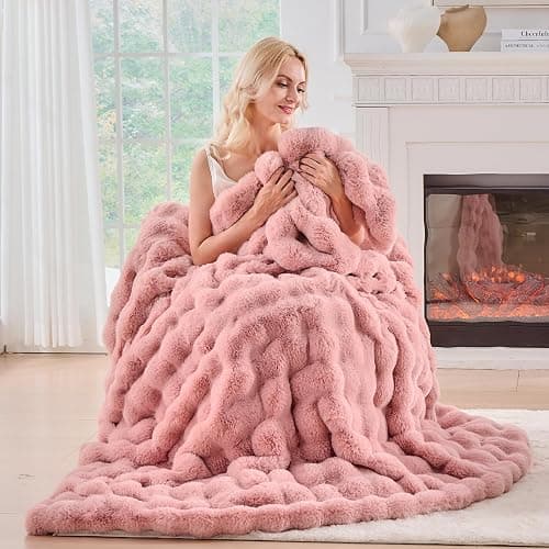 BENVWE Faux Fur Throw Blanket for Couch - Fluffy Soft Thick Bubble Blanket for Living Room Home Decor - Mothers Day Birthday Gifts for Women, Dusty Pink, 51" x 63" thumbnail 8