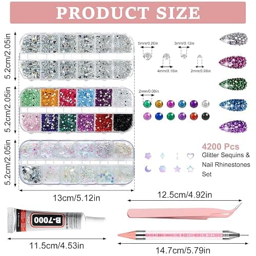 4200pcs Nail Rhinestones, 6 Sizes Silver AB Nail Gems, 6 Colors Mixed Rhinestones, 6 Styles of Sequins, Including 15ml B-7000 Glue, Pick-Up Tweezers & Dotting Pen thumbnail 2