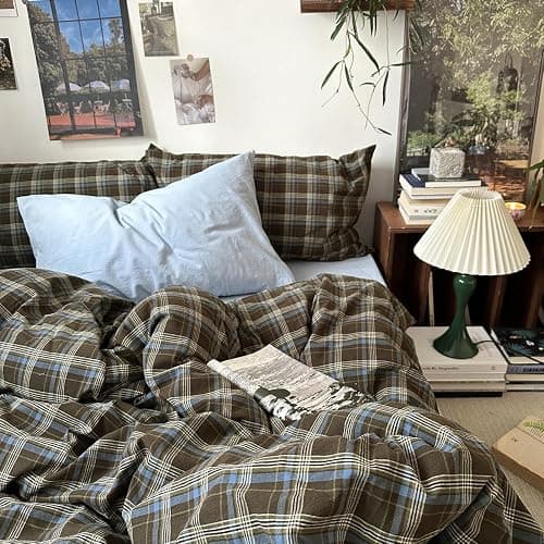 mixinni Vintage Buffalo Plaid Duvet Cover Set Queen Size - 3 Piece Washed Cotton Bedding Set with Grid Pattern, Soft & Breathable Duvet Cover with Pillowcases for All Seasons,(Brown & Blue,Beige) thumbnail 6