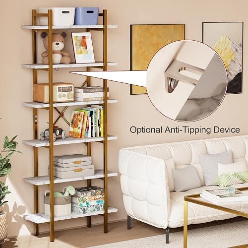 Azheruol 6 Tiers Bookshelf Organizer White Faux Marble Shelf,Modern Open Display Storage Bookcase, and Metal Bookshelf Standing Storage Shelf Tall Shelving Units for Home Office Study thumbnail 7