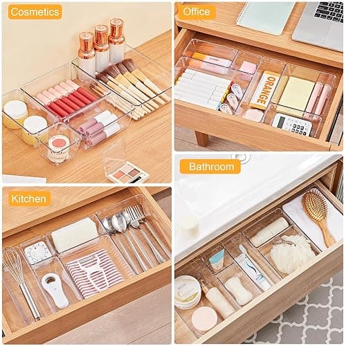 SMARTAKE 22-Piece Drawer Organizer with Non-Slip Silicone Pads, 5-Size Clear Desk Drawer Organizer Trays Storage Tray for Makeup, Jewelries, Utensils in Bedroom Dresser, Office and Kitchen, Clear thumbnail 6