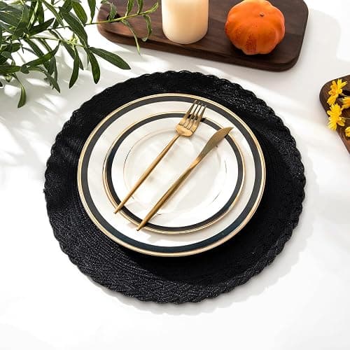 SHACOS Round Placemats Set of 4 Boho Braided Border 15 inch Circle Place Mats Washable Fabric Table Mats for Kitchen Dining Table, Black thumbnail 8
