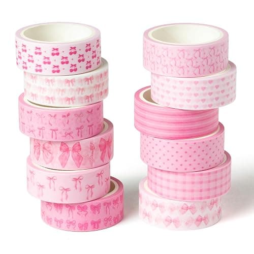 BkeeCten 12pcs Pink Bow Washi Tape, Trendy Watercolor Pink Bow Cherry Preppy Aesthetic Decorative Tape, Cute Bowknot Heart Buffalo Plaid Artistic Tape for DIY Craft Scrapbook Wrapping Decor - Image 1