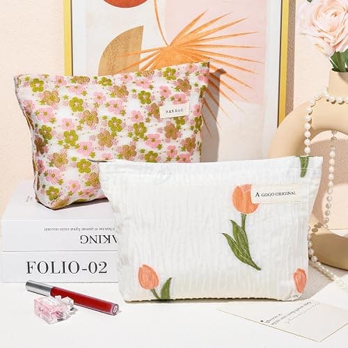 SOIDRAM 2 Pieces Flower Makeup Bag Large Floral Cosmetic Bag Capacity Canvas Travel Toiletry Bag Organizer Cute Makeup Brushes Aesthetic Accessories Storage Bag for Women, Embossed flower L White Pink thumbnail 4