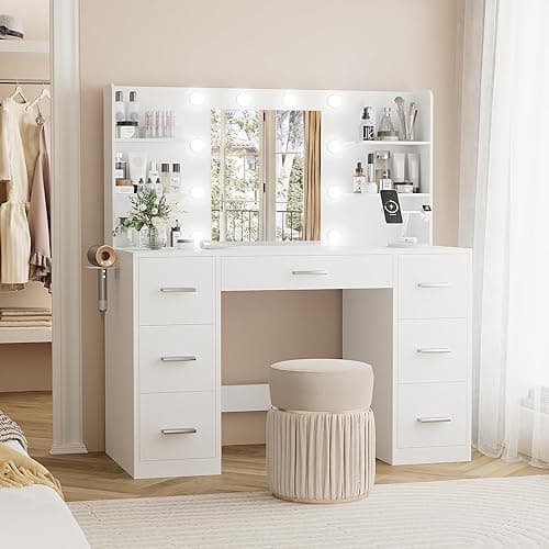 YESHOMY Vanity Desk with Mirror, Power Outlet and 10 Lights, Makeup Table with 7 Drawers, 3 Color Modes Available for Bedroom, Pure White - Image 1