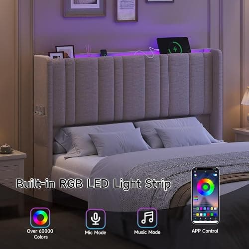 Queen Size Headboard with LED Light & Charging Station, Off White Linen | Wingback Upholstered Headboard Queen, Vertical Channel Stitched Head Board, High-Density Sponge Padding, 2 Storage Pockets thumbnail 3