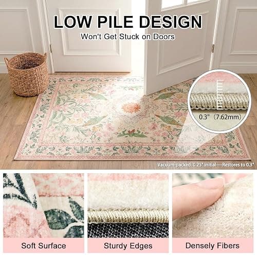 Cnythlis 6'x9' Bohemian Floral Large Area Rug, Cream/Pink/Sage | Botanical Bird, Non-Slip, Water Resistant, Low Pile, Faux Wool, Cotton-Backed Silicone Grip Backing, Kid & Pet Friendly thumbnail 8