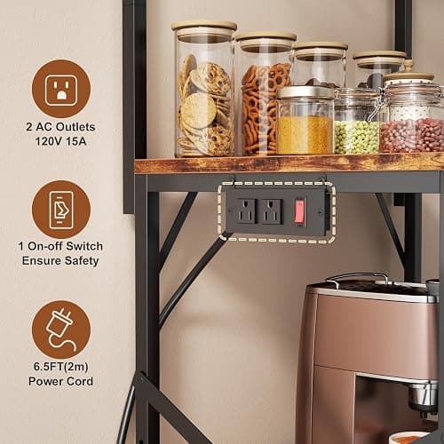 Korfile Kitchen Bakers Rack with Power Outlet, Small Coffee Bar Cart 4 Tiers, Microwave Stand Station with 8 S Hooks, Adjustable Shelf, Freestanding Kitchen Appliance Organizer, Rustic Brown thumbnail 4