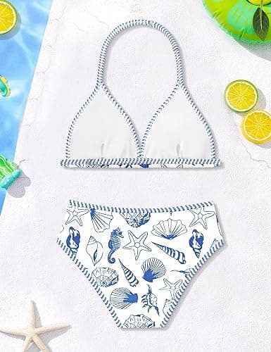 TyeSmo Girls Swimsuit Two Piece Halter Bikini Contrast Trim Girl Bathing Suit Backless Printed Swimwear with Chest Pad 7-14Y thumbnail 2