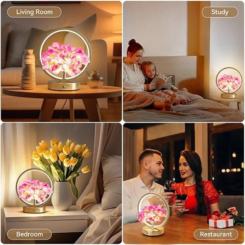 JHXLAMP Birthday Gifts for Women Mom,Hydrangeas Flower Touch Lamp,Rechargeable Cordless 3 Way Dimmable Small Night Lightfor Home Decor,Bedroom,Living Room Office Thank You Gifts for Festival-Purple thumbnail 5
