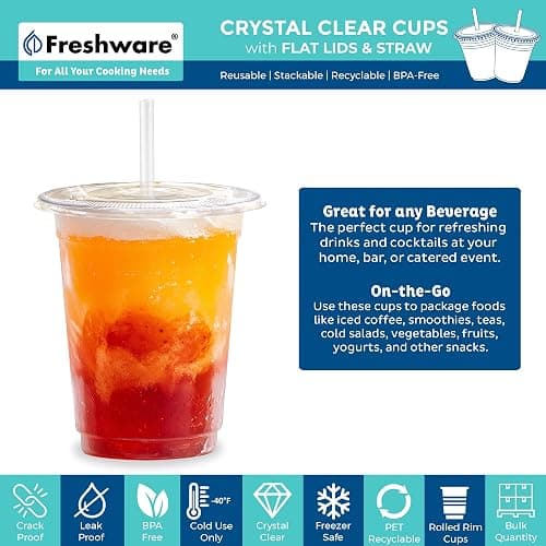 Freshware 12 oz Clear Disposable Plastic Cups with Flat Lids and Straws, 100 Pack Clear Plastic Cups Tumblers, Heavy-duty Party Glasses, Disposable Cups for Thanksgiving, Halloween, Christmas Party thumbnail 4