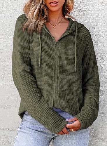 Dokotoo Women's Full Zip Up Hoodies Waffle Knit Long Sleeve Drawstring Casual Sweatshirt Hooded Tops thumbnail 4