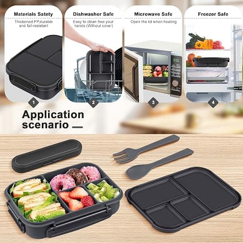 Amathley Lunch Box Kids,Bento Box Adult,Leakproof Lunch Containers for Adults/Kids/Toddler,1200ML-4 Compartments bento Lunch box with Utensil,Microwave & Dishwasher & Freezer Safe (Dark Gray) thumbnail 6