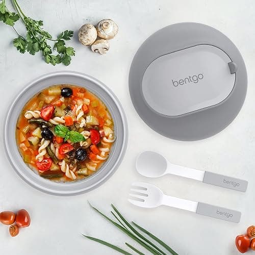 Bentgo Bowl - Insulated Leak-Resistant Bowl with Snack Compartment, Collapsible Utensils and Improved Easy-Grip Design for On-the-Go - Holds Soup, Rice, Cereal & More - BPA-Free, 21.2 oz (Gray) thumbnail 2
