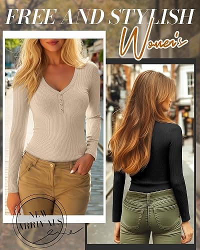 Huukeay 3 Pack Women's Ribbed Henley Long Sleeve Shirts, Button V Neck Tunic Tops Slim Fit Casual Soft Basic Knit Tee Blouse thumbnail 3