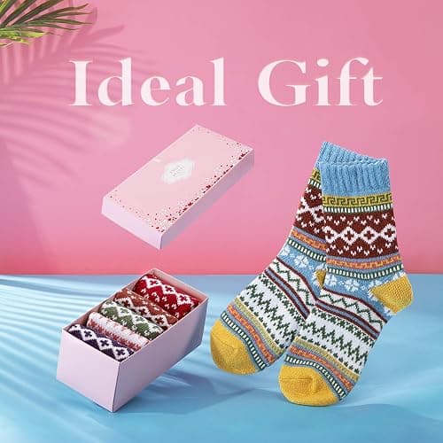 ICEIVY Womens Socks 5 Pairs Wool Warm Cotton Thick Vintage Casual Winter Cabin Crew Fuzzy Socks Gifts For Women thumbnail 4