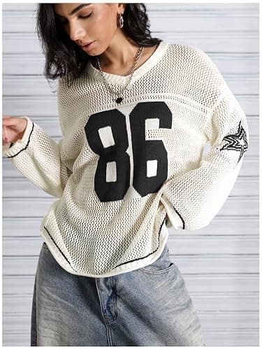 Verdusa Women's Y2k Clothes Going Out Tops Oversized Crochet Jersey Shirts Graphic V Neck Pullover Sweater thumbnail 3