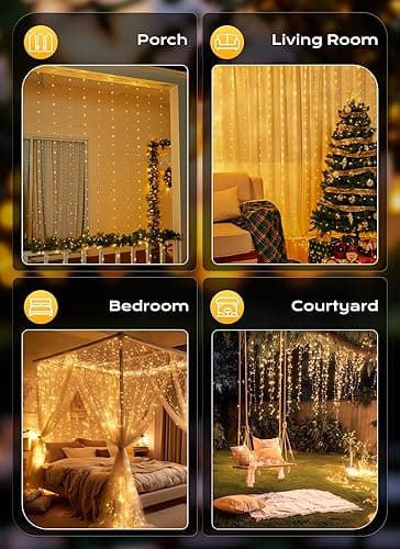 Brightown 300 LED Fairy Curtain Lights, 9.8ft x 9.8ft Warm White Curtain String Lights, USB Plug in 8 Lighting Modes Christmas Decoration, Hanging Lights with Remote for Bedroom Indoor Weddings Dorm - Warm White - 300 LED-Copper Wire thumbnail 7