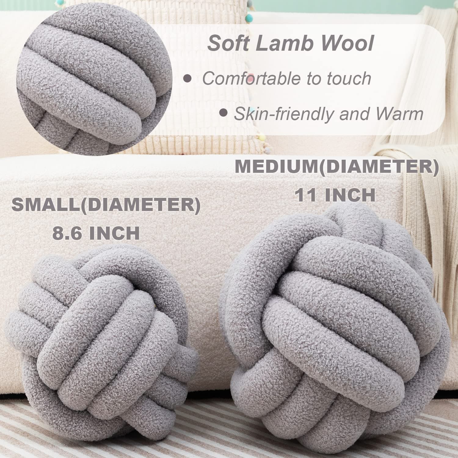 Knot Pillow Ball Round Throw Pillow Decorative Pillow for Bed Soft Ball Pillow White Knotted Pillows Couch Cushions (Small,8.6inches) thumbnail 4