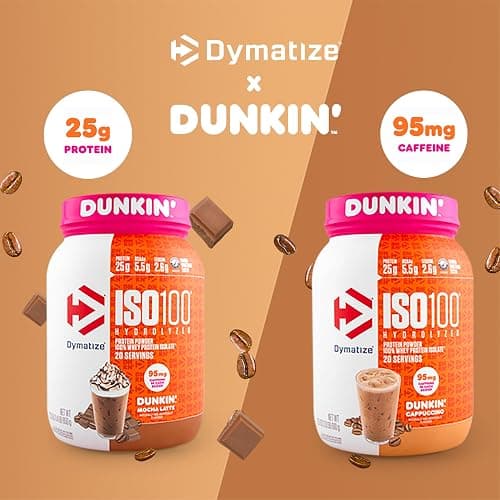 Dymatize x Dunkin' Cappuccino ISO100 Whey Protein Powder, 95mg Caffeine, 25g of Protein5.5g BCAAs, 120 Cal., Gluten Free, 1g Fat, 1g Sugar, 2g Carb (20 Servings) thumbnail 2