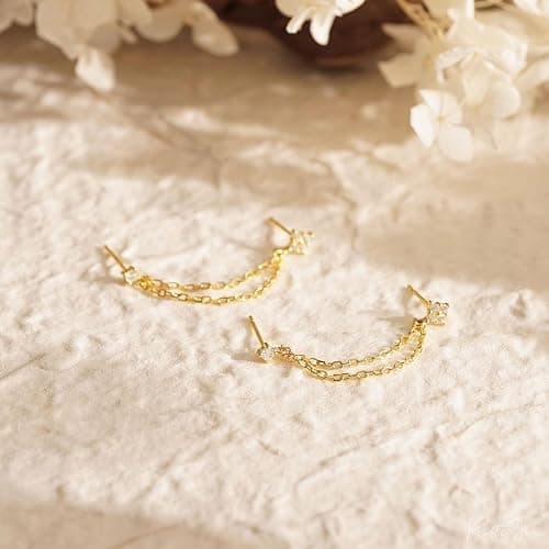 Frodete Double Piercing Earrings Gold Chain for Women Elegant Double Hoop Jewelry Set for Two Holes Everyday Wear Double-Piercing Chains Earring Set thumbnail 7