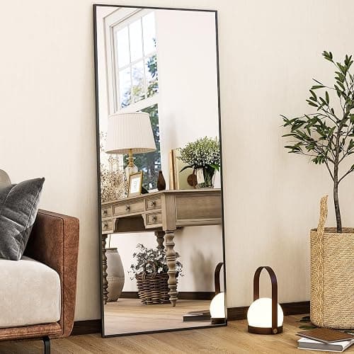 HARRITPURE 21"x56" Full Length Mirror with Stand, Rectangle Floor Standing Mirror, Black Aluminum Thin Frame Free Standing or Wall-Mounted Full Body Mirror for Living Room Bedroom - Image 1