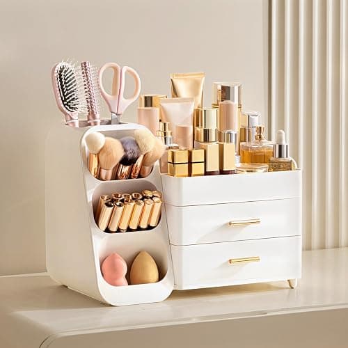 HBlife Makeup Organizer with Brush Holder for Vanity, Large Plastic Bathroom Countertop Organizer Skin Care Storage, Easy to Store Lipsticks, Nail Polishes, Perfumes, Eyeshadow Palettes, All White thumbnail 2