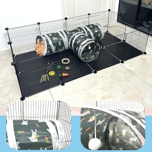 LUCKITTY Rabbit Tunnel Toy, Collapsible 3-Way Hideout Tunnel with Chew Toys for Rabbits, Guinea Pigs, Ferrets, Kittens & Small Pets - Gray & White Bunny Carrot Design Hideout (33"x20"x9.5") thumbnail 3