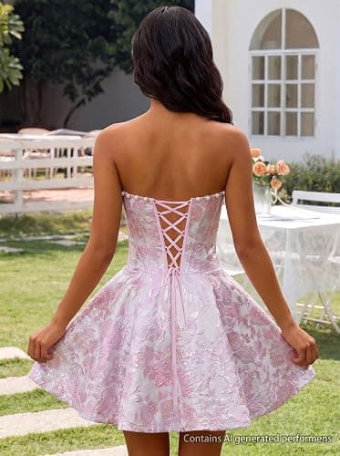 WuQiguja Jacquard Satin Homecoming Dresses Short Floral Prom Dresses | Embroidered Satin, Strapless, Pearls, A-Line, Corset Mini Dress, Graduation Dress, HOCO Dresses for Teens,Wedding Guest Dress thumbnail 5
