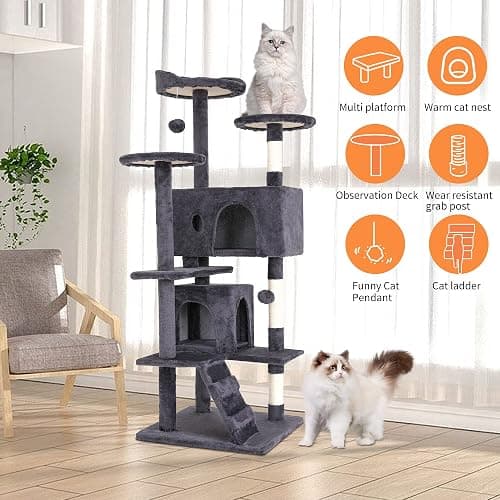 BestPet | 54" Cat Tree Tower | Ashy | Sturdy, Easy to Assemble, Multi-Level Activity Center with Sisal Scratching Posts, Condos, Perches, Hanging Cat Toys, Observation Decks & Ladder thumbnail 5