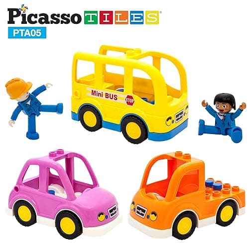 PicassoTiles Magnetic Figures 5 Piece Vehicle and Action Figure Set Including School Bus, Car, Truck and 2 Drivers Magnet Expansion Pack Toddler Toy Kit Pretend Playset for Construction Building Block - Vehicle thumbnail 8